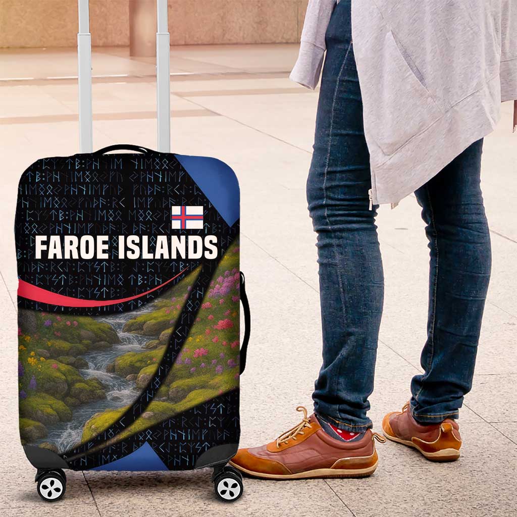 Faroe Islands Luggage Cover with Waterfall Nature Scene and Rune Pattern Design TS04