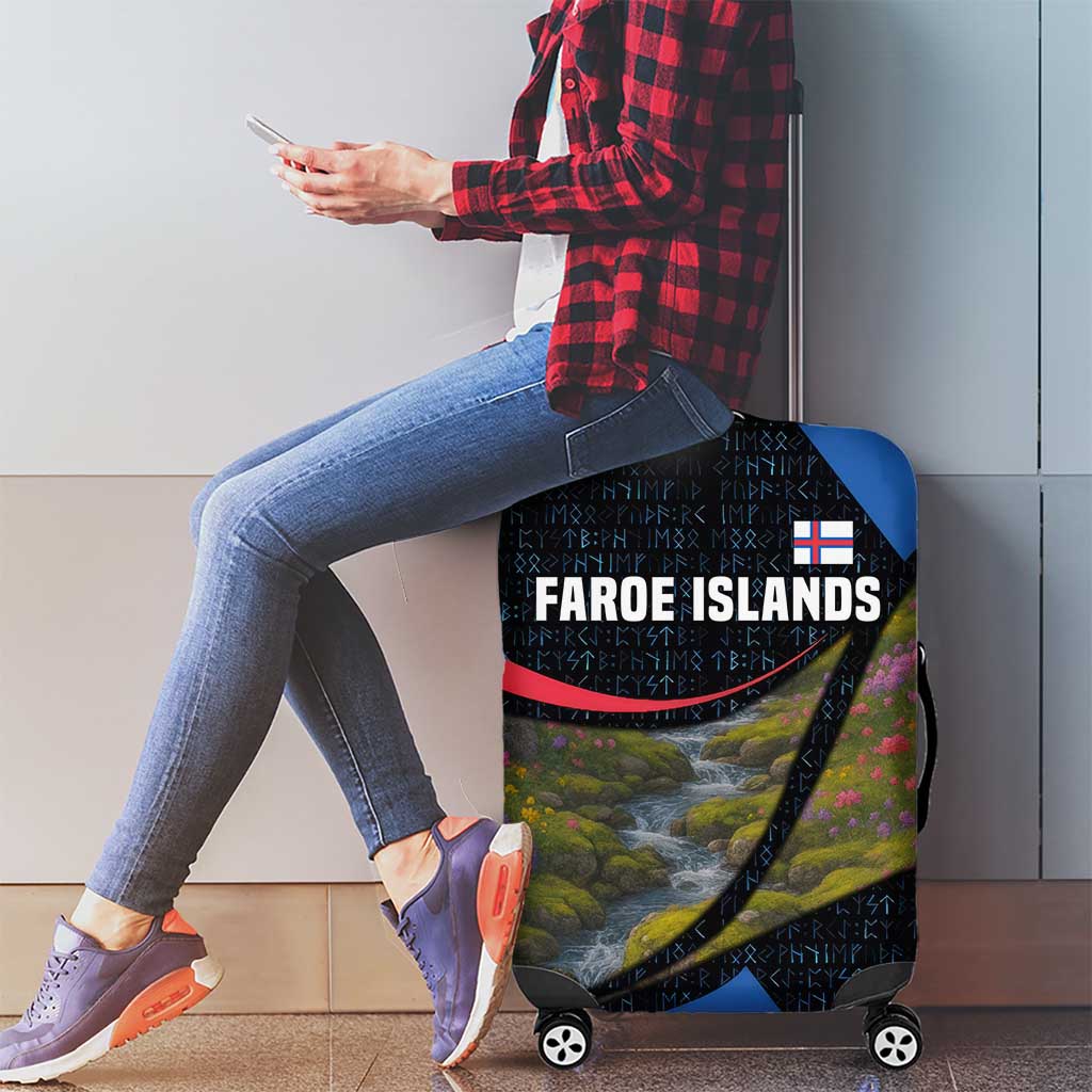 Faroe Islands Luggage Cover with Waterfall Nature Scene and Rune Pattern Design TS04
