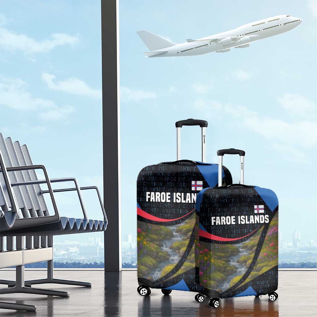 Faroe Islands Luggage Cover with Waterfall Nature Scene and Rune Pattern Design TS04