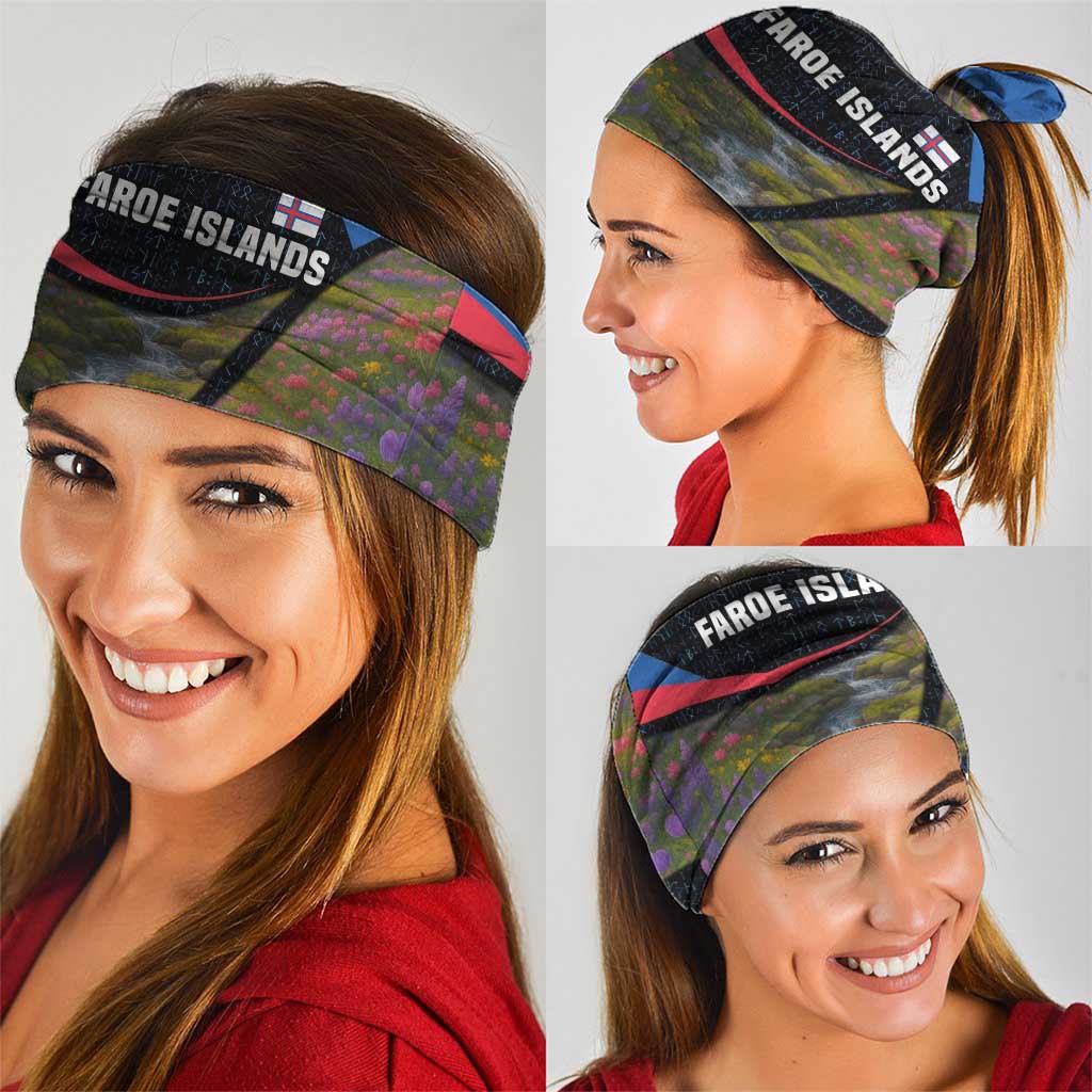 Faroe Islands Neck Gaiter with Waterfall Nature Scene and Rune Pattern Design TS04