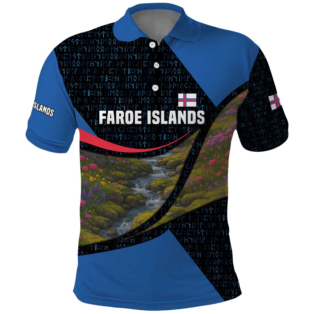 Faroe Islands Polo Shirt with Waterfall Nature Scene and Rune Pattern Design TS04