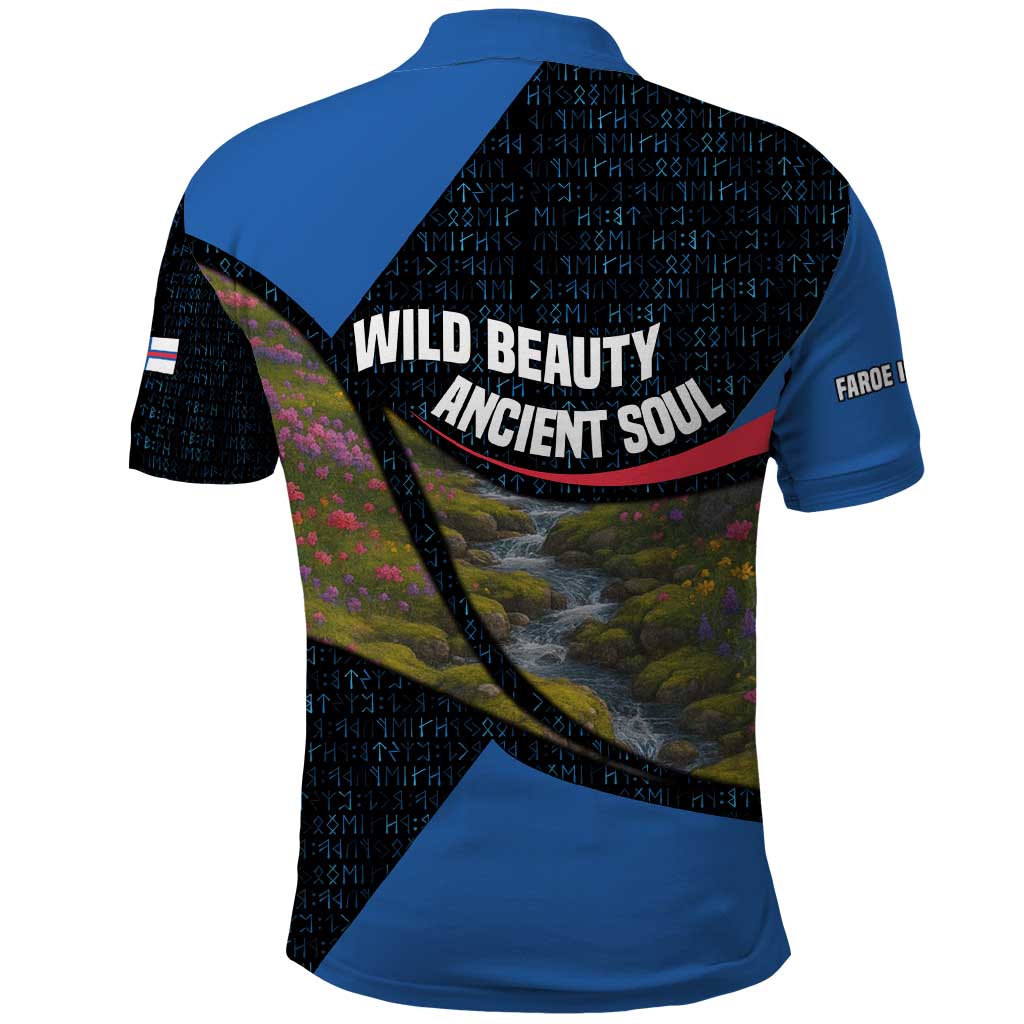 Faroe Islands Polo Shirt with Waterfall Nature Scene and Rune Pattern Design TS04