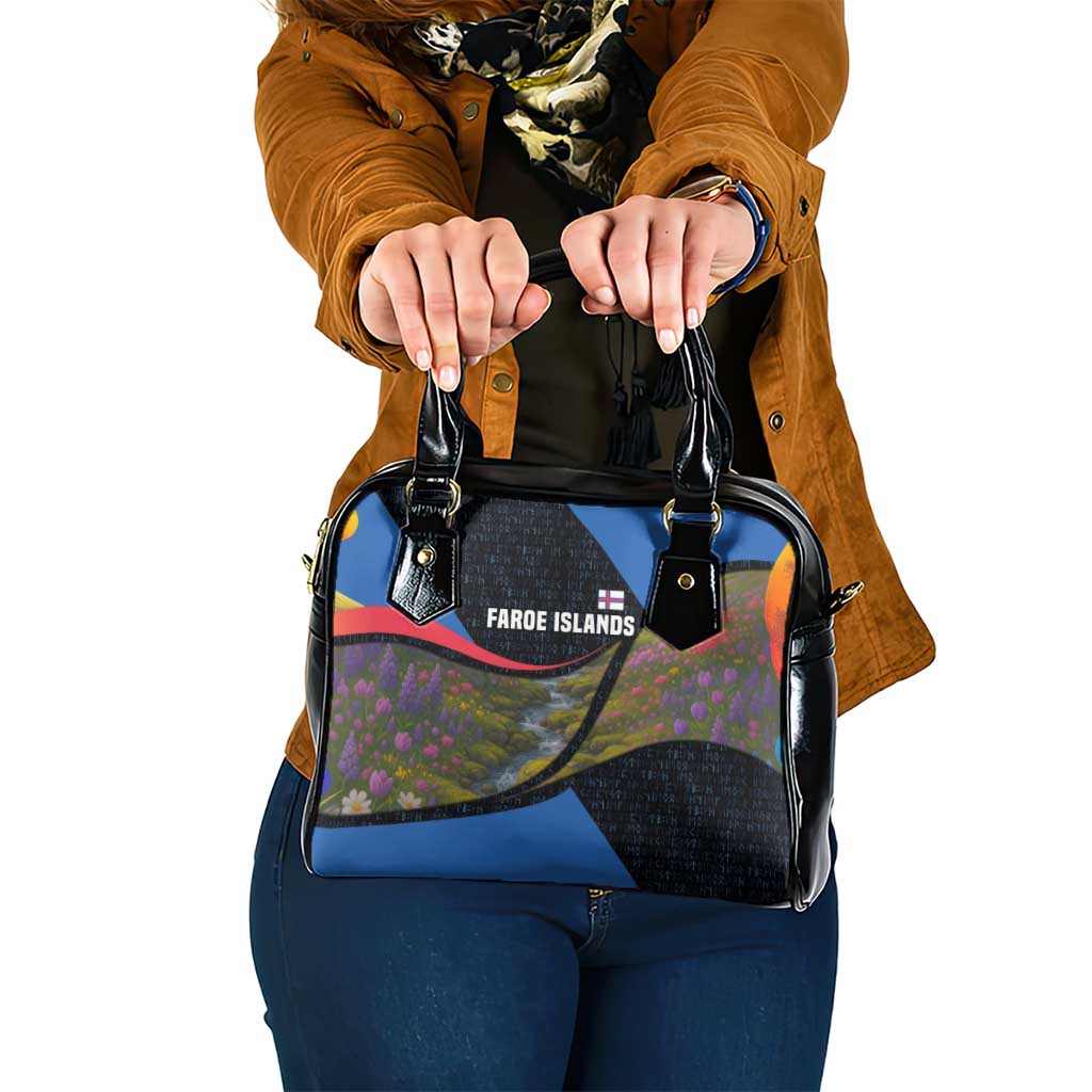 Faroe Islands Shoulder Handbag with Waterfall Nature Scene and Rune Pattern Design TS04