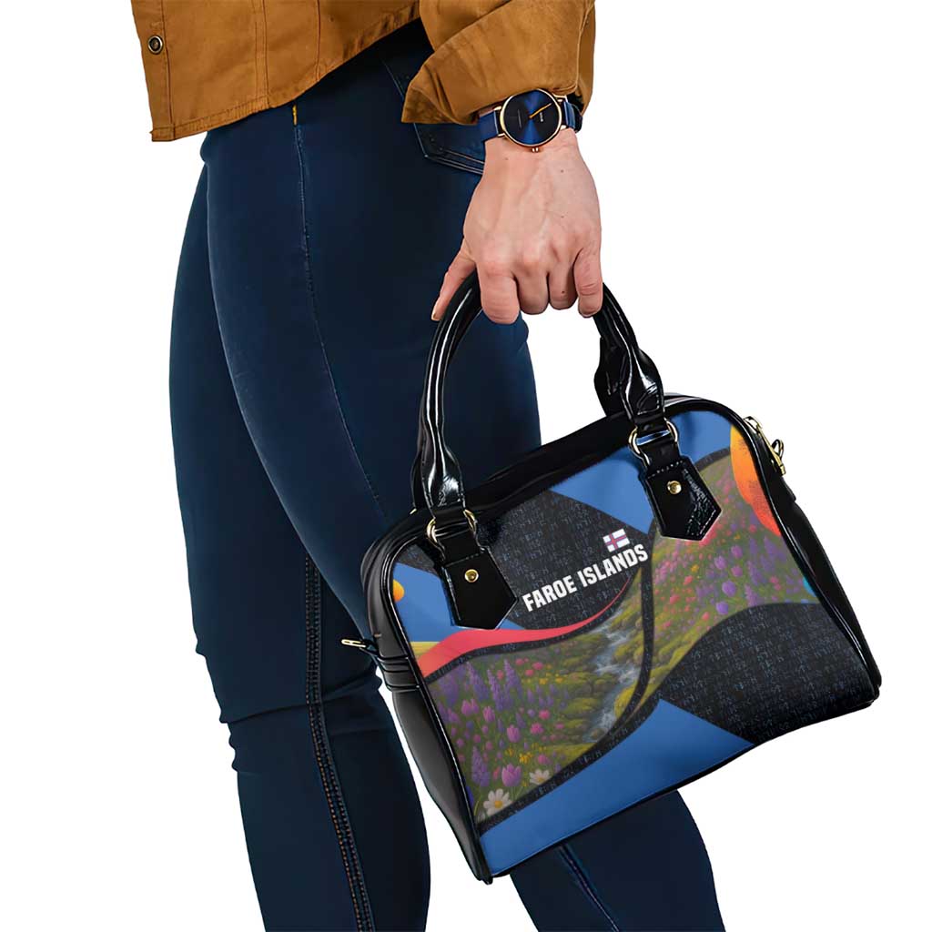 Faroe Islands Shoulder Handbag with Waterfall Nature Scene and Rune Pattern Design TS04