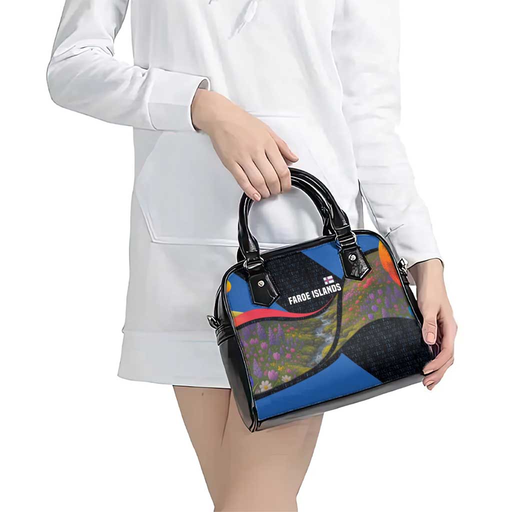 Faroe Islands Shoulder Handbag with Waterfall Nature Scene and Rune Pattern Design TS04