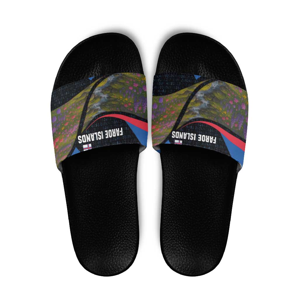 Faroe Islands Slide Sandals with Waterfall Nature Scene and Rune Pattern Design TS04