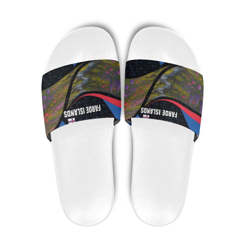 Faroe Islands Slide Sandals with Waterfall Nature Scene and Rune Pattern Design TS04