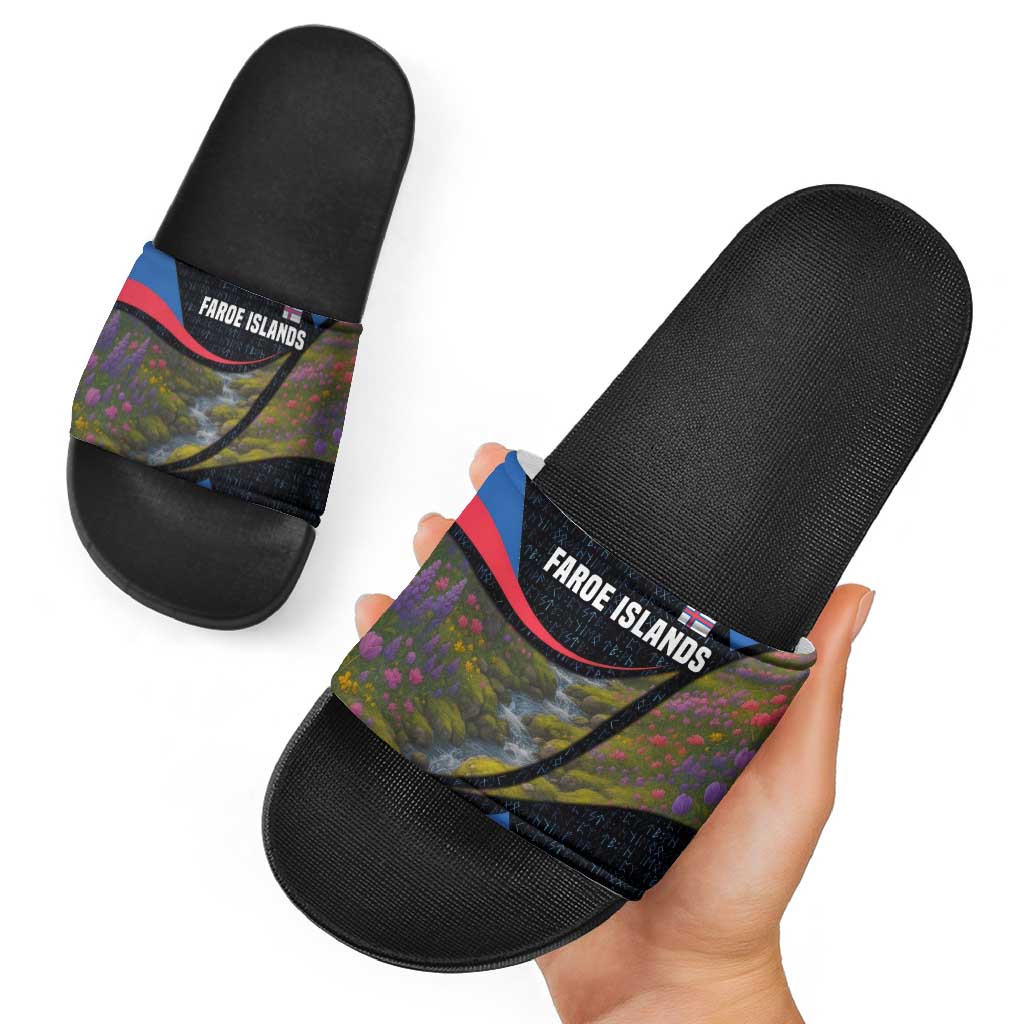 Faroe Islands Slide Sandals with Waterfall Nature Scene and Rune Pattern Design TS04