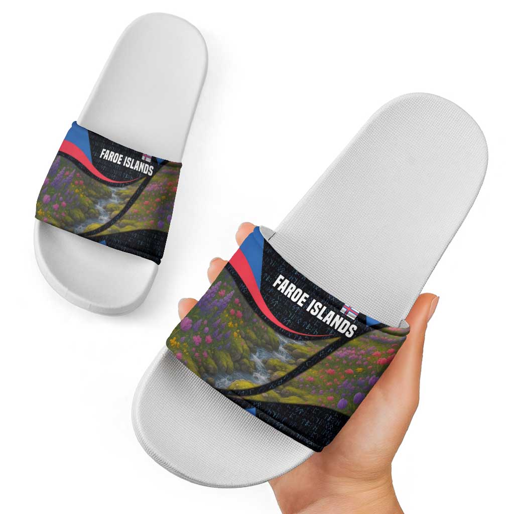 Faroe Islands Slide Sandals with Waterfall Nature Scene and Rune Pattern Design TS04