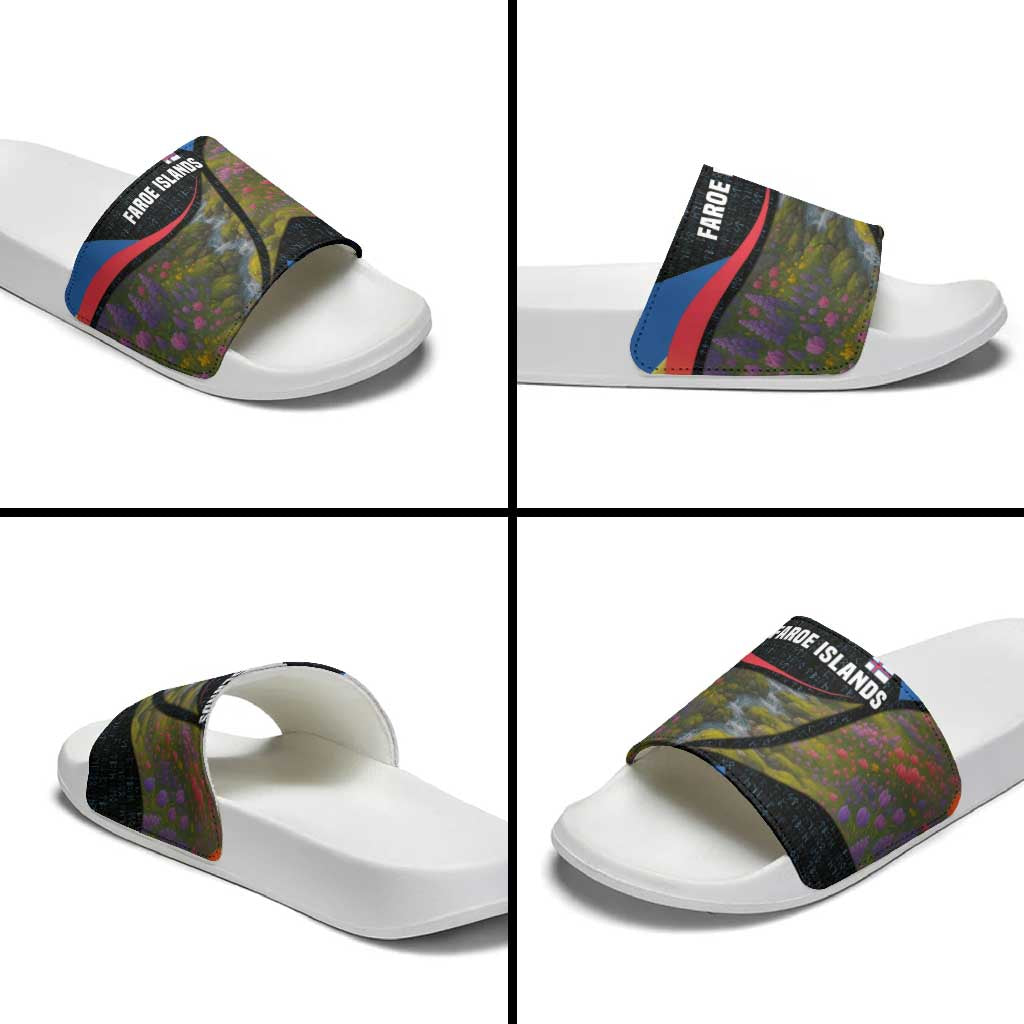 Faroe Islands Slide Sandals with Waterfall Nature Scene and Rune Pattern Design TS04