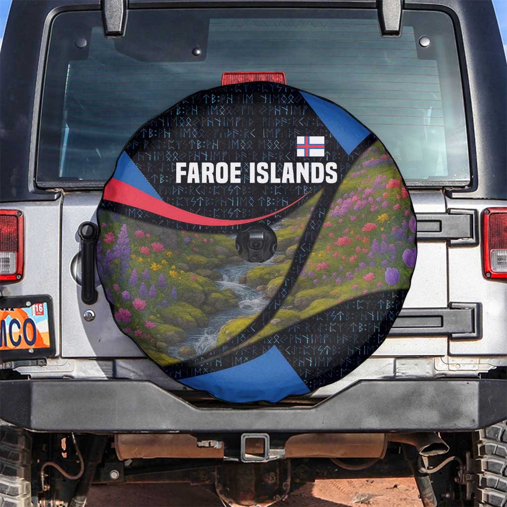 Faroe Islands Spare Tire Cover with Waterfall Nature Scene and Rune Pattern Design TS04