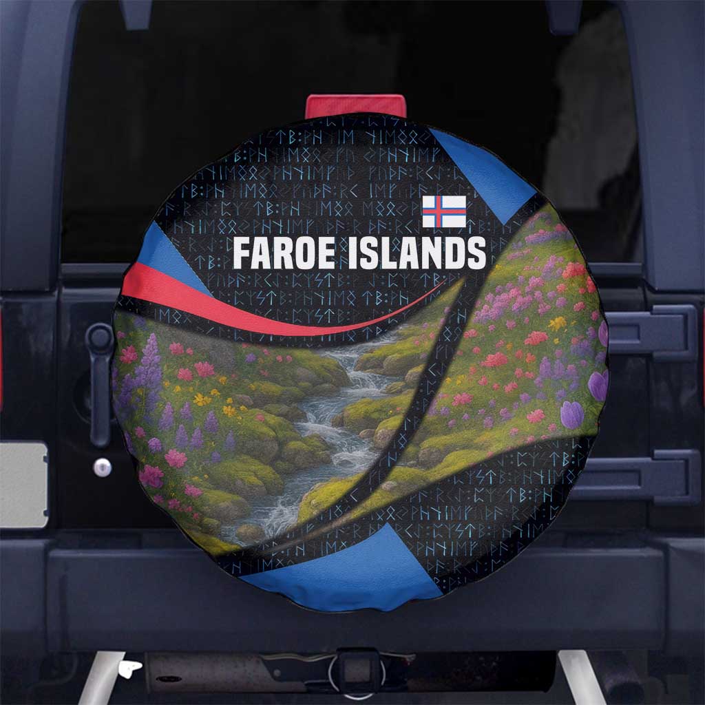 Faroe Islands Spare Tire Cover with Waterfall Nature Scene and Rune Pattern Design TS04