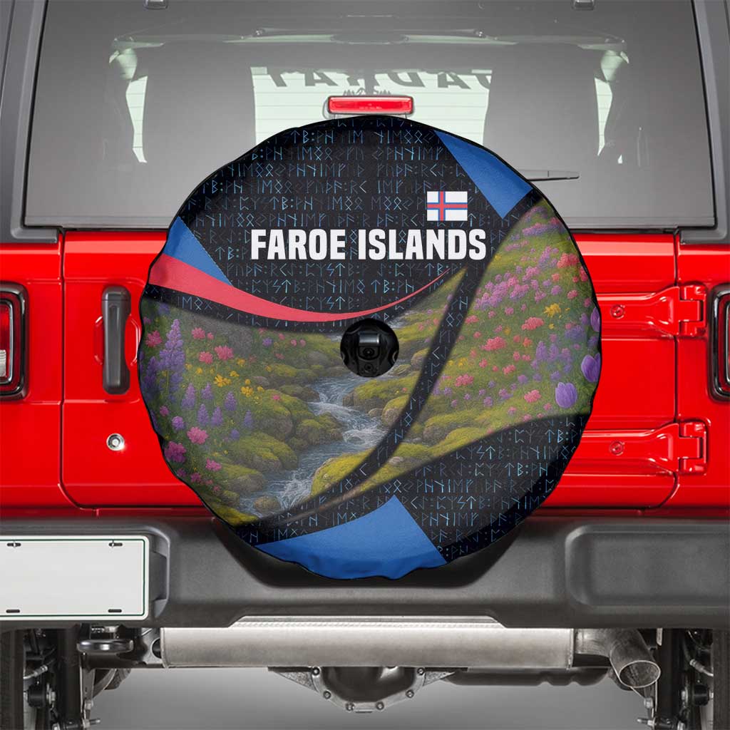 Faroe Islands Spare Tire Cover with Waterfall Nature Scene and Rune Pattern Design TS04