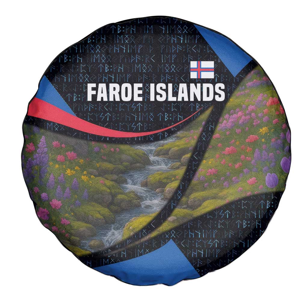Faroe Islands Spare Tire Cover with Waterfall Nature Scene and Rune Pattern Design TS04