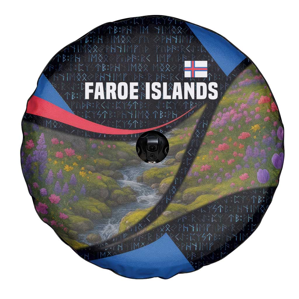 Faroe Islands Spare Tire Cover with Waterfall Nature Scene and Rune Pattern Design TS04