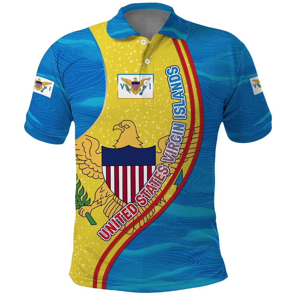 United States Virgin Islands Polo Shirt with Blue Yellow Wave Design and Island Map Bird TS04