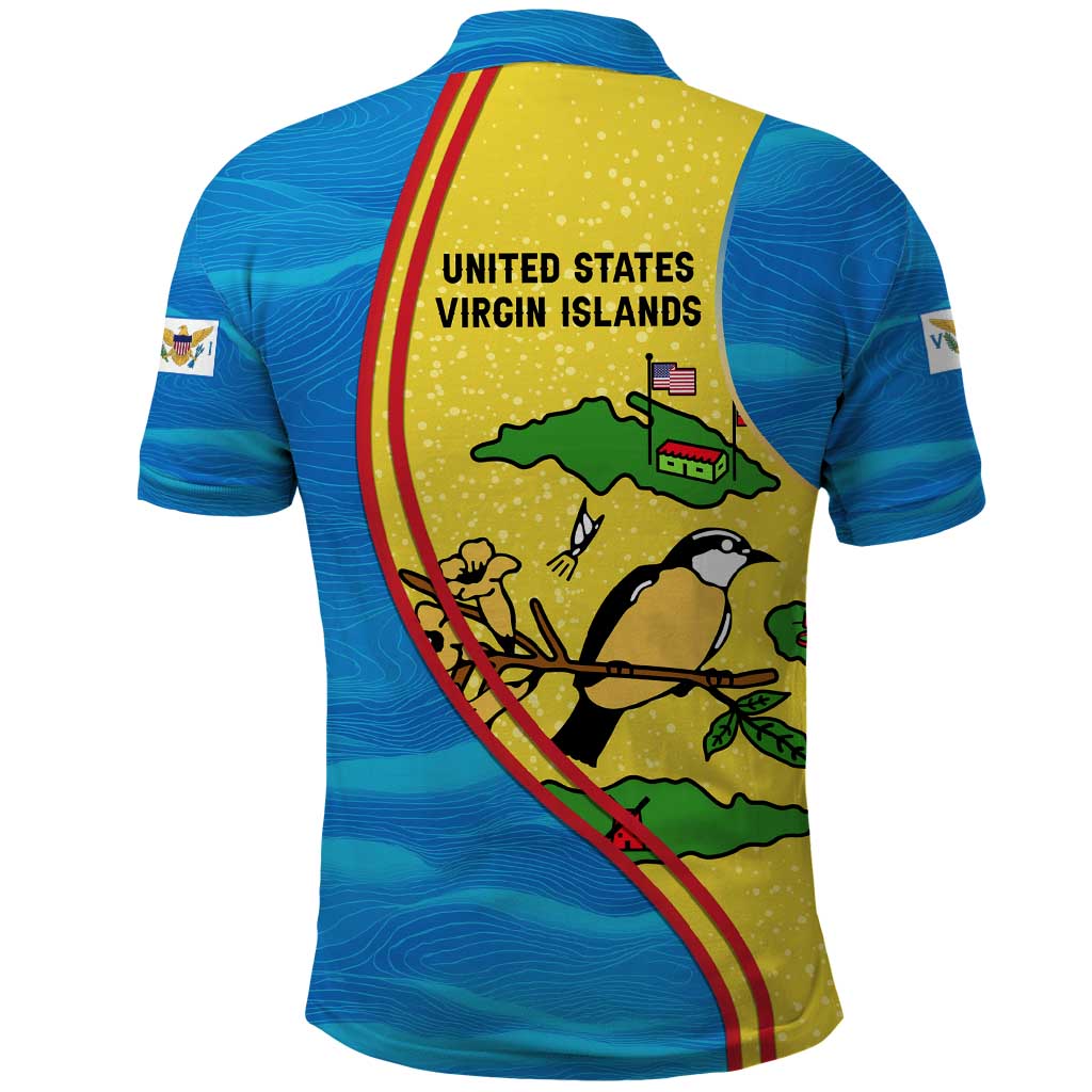 United States Virgin Islands Polo Shirt with Blue Yellow Wave Design and Island Map Bird TS04