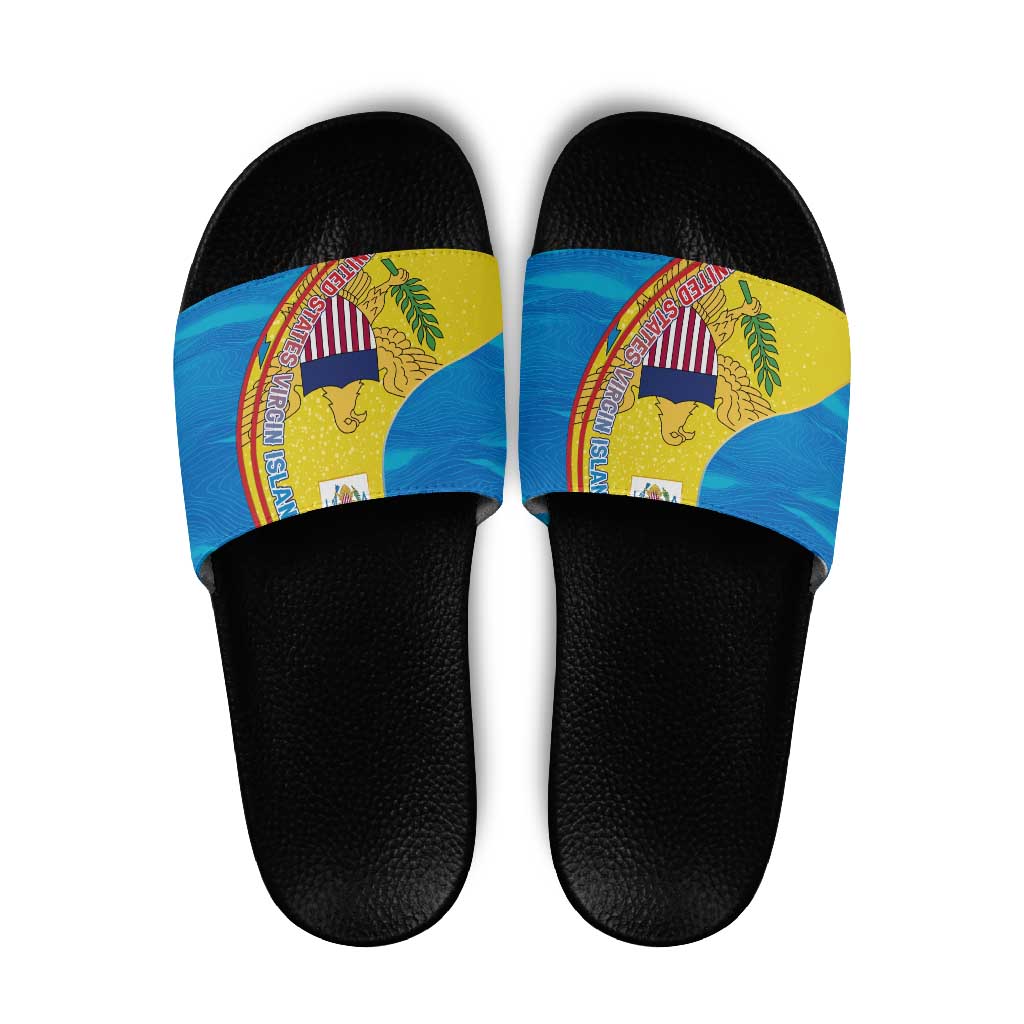 United States Virgin Islands Slide Sandals with Blue Yellow Wave Design and Island Map Bird TS04