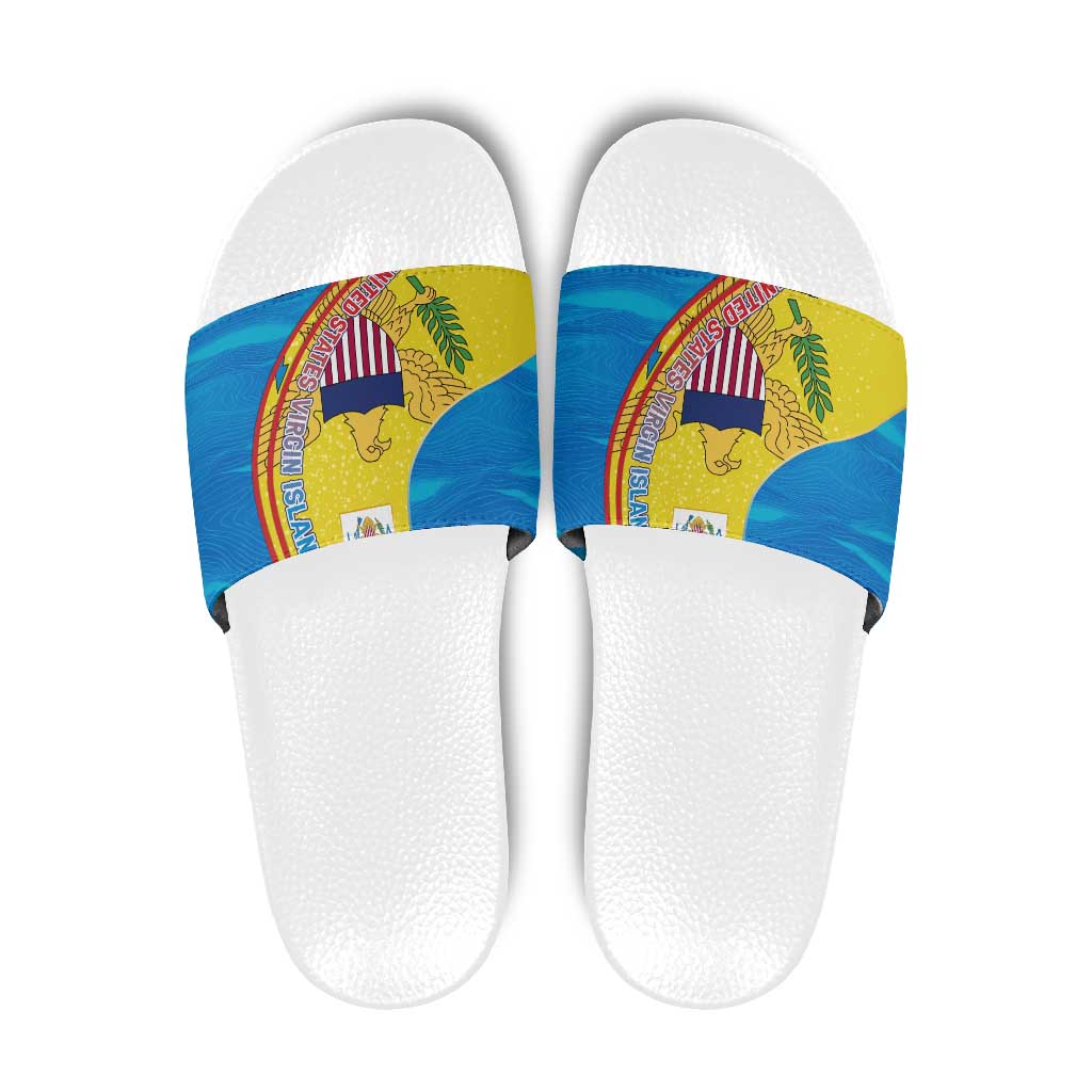 United States Virgin Islands Slide Sandals with Blue Yellow Wave Design and Island Map Bird TS04