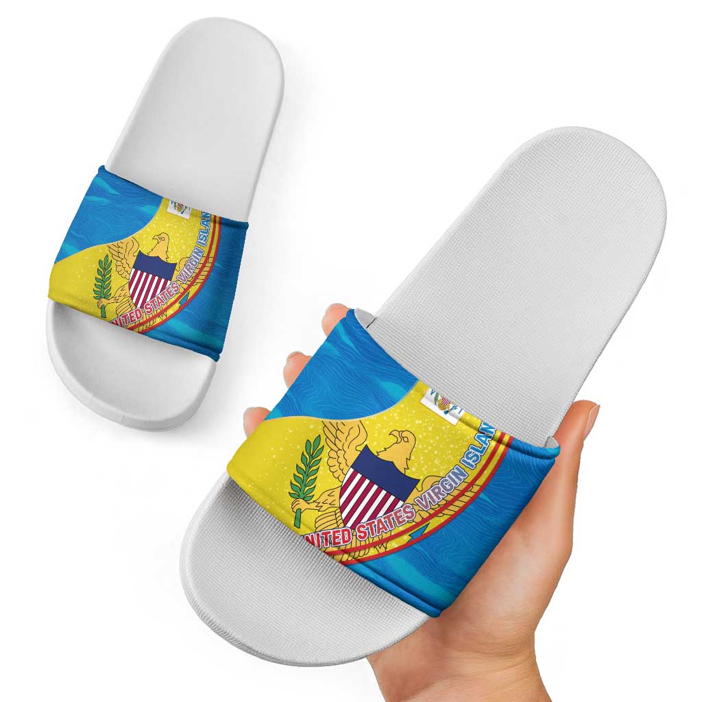 United States Virgin Islands Slide Sandals with Blue Yellow Wave Design and Island Map Bird TS04