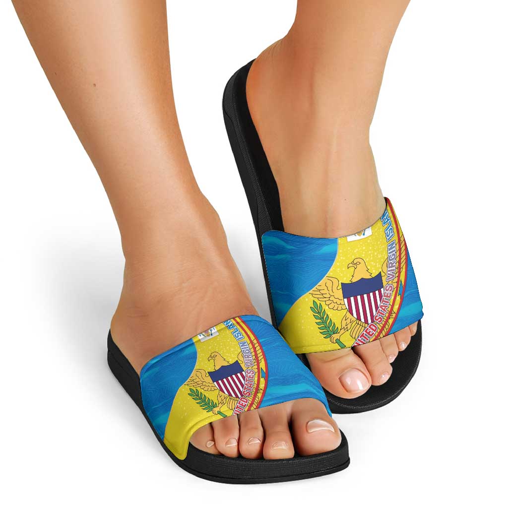 United States Virgin Islands Slide Sandals with Blue Yellow Wave Design and Island Map Bird TS04