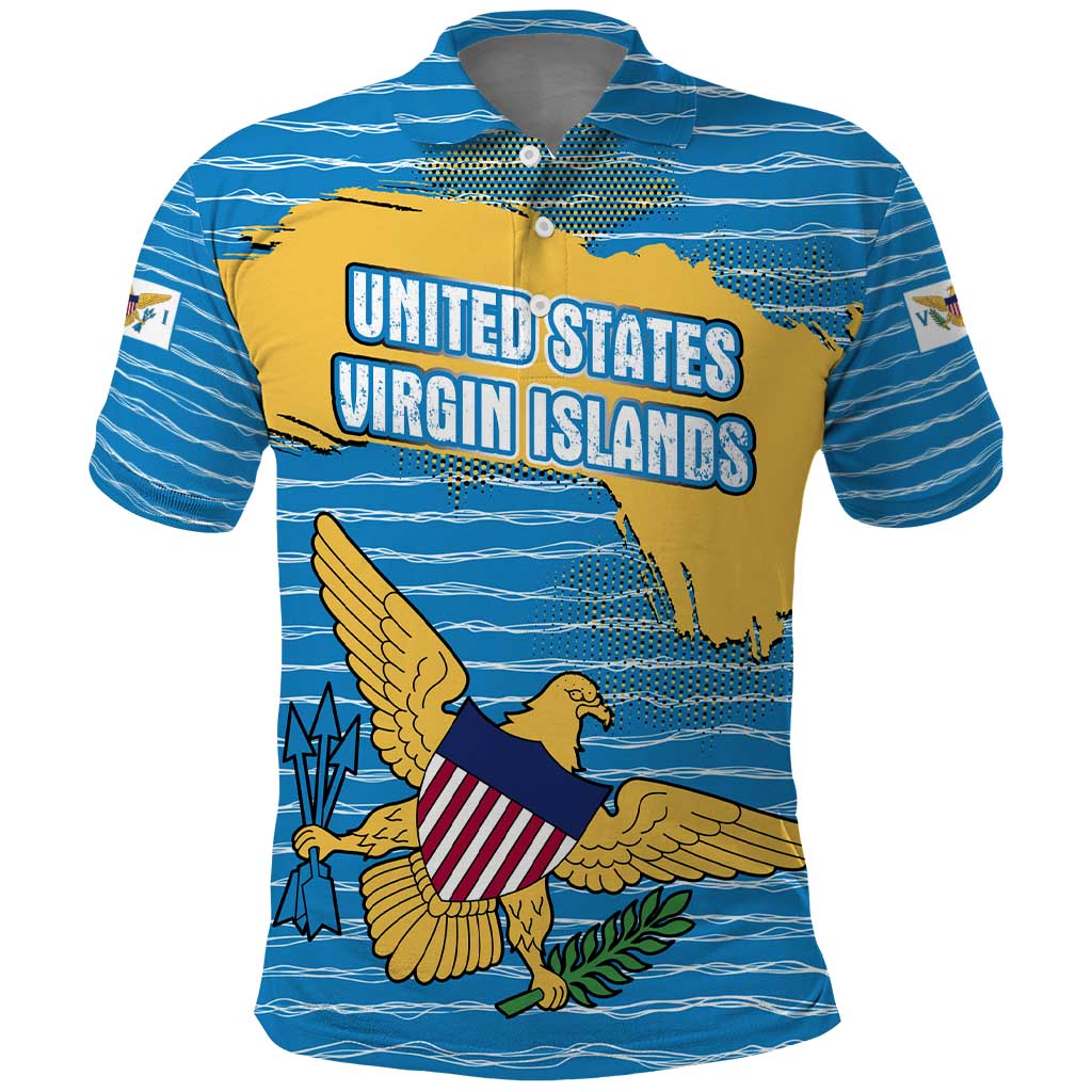 United States Virgin Islands Polo Shirt with Blue Yellow Ocean Design and Eagle Map Pattern TS04