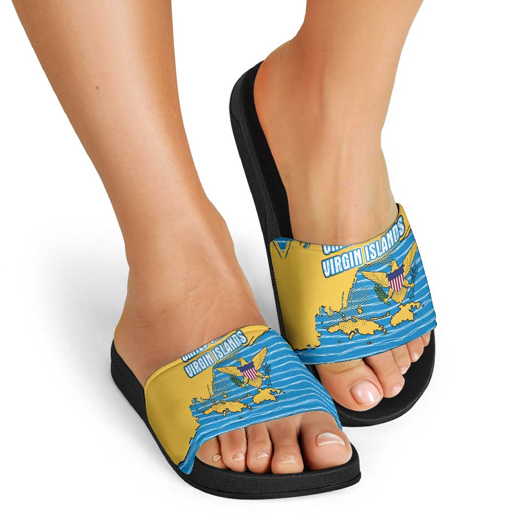 United States Virgin Islands Slide Sandals with Blue Yellow Ocean Design and Eagle Map Pattern TS04