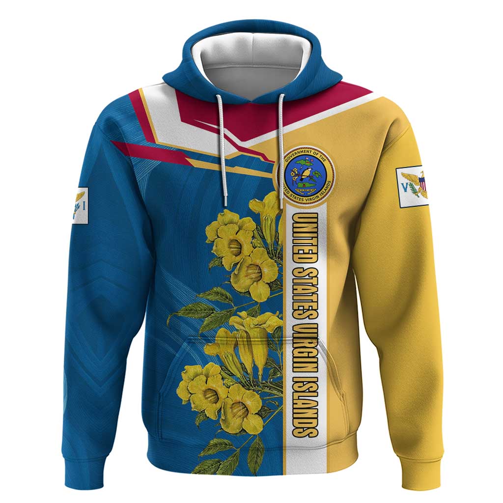 United States Virgin Islands Hoodie with Blue Yellow Floral Design and Government Seal Bird TS04