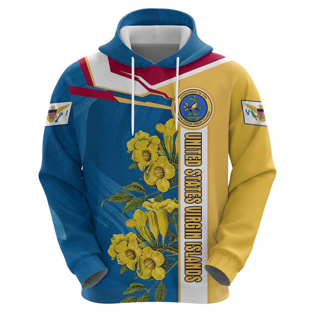 United States Virgin Islands Hoodie with Blue Yellow Floral Design and Government Seal Bird TS04
