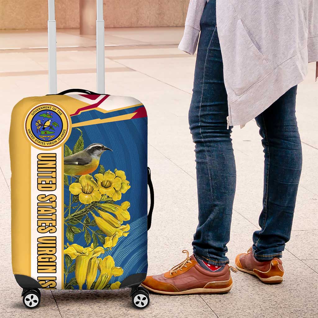 United States Virgin Islands Luggage Cover with Blue Yellow Floral Design and Government Seal Bird TS04