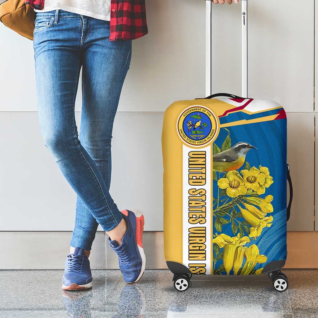 United States Virgin Islands Luggage Cover with Blue Yellow Floral Design and Government Seal Bird TS04