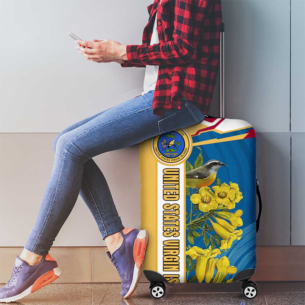 United States Virgin Islands Luggage Cover with Blue Yellow Floral Design and Government Seal Bird TS04