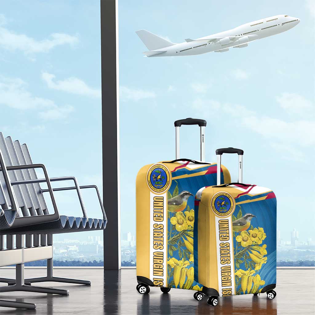 United States Virgin Islands Luggage Cover with Blue Yellow Floral Design and Government Seal Bird TS04