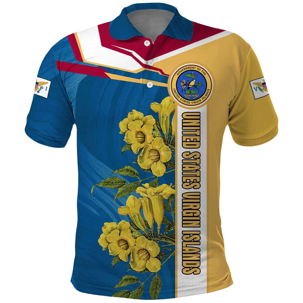 United States Virgin Islands Polo Shirt with Blue Yellow Floral Design and Government Seal Bird TS04