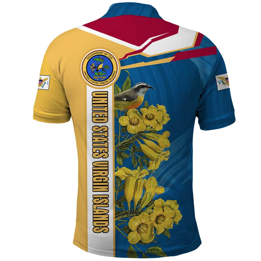 United States Virgin Islands Polo Shirt with Blue Yellow Floral Design and Government Seal Bird TS04