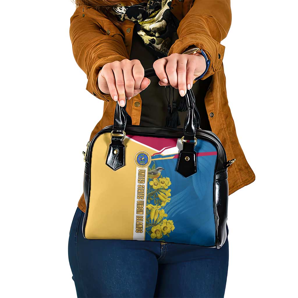 United States Virgin Islands Shoulder Handbag with Blue Yellow Floral Design and Government Seal Bird TS04