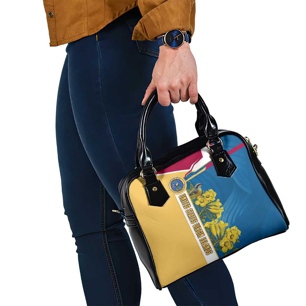 United States Virgin Islands Shoulder Handbag with Blue Yellow Floral Design and Government Seal Bird TS04