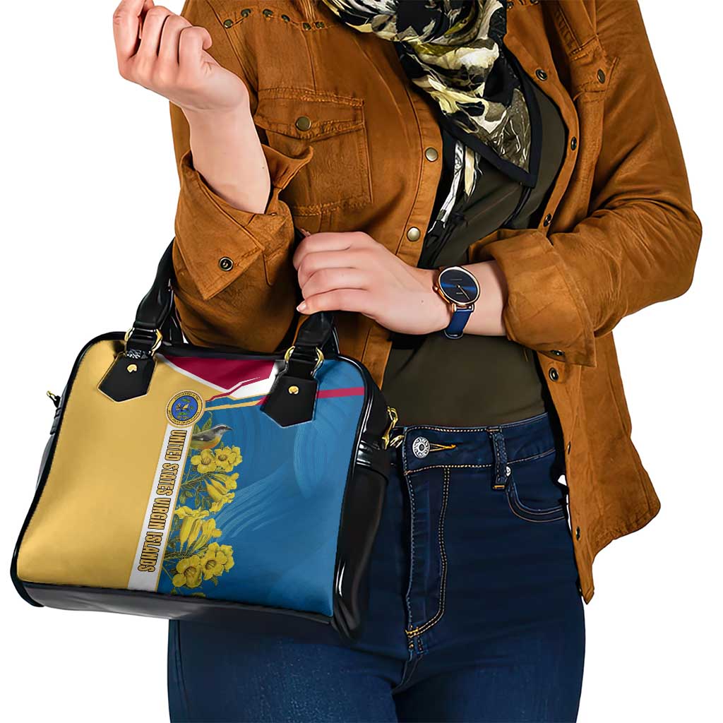 United States Virgin Islands Shoulder Handbag with Blue Yellow Floral Design and Government Seal Bird TS04