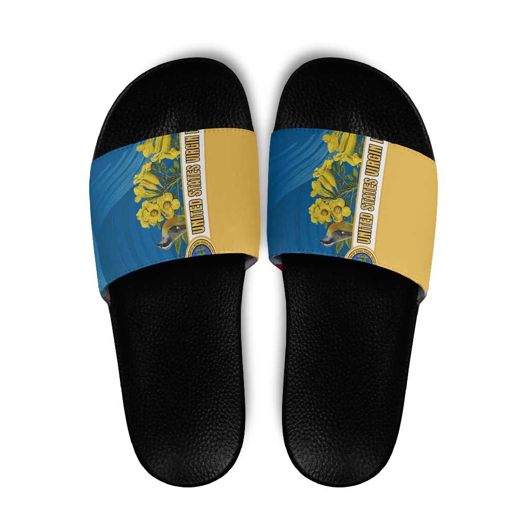 United States Virgin Islands Slide Sandals with Blue Yellow Floral Design and Government Seal Bird TS04