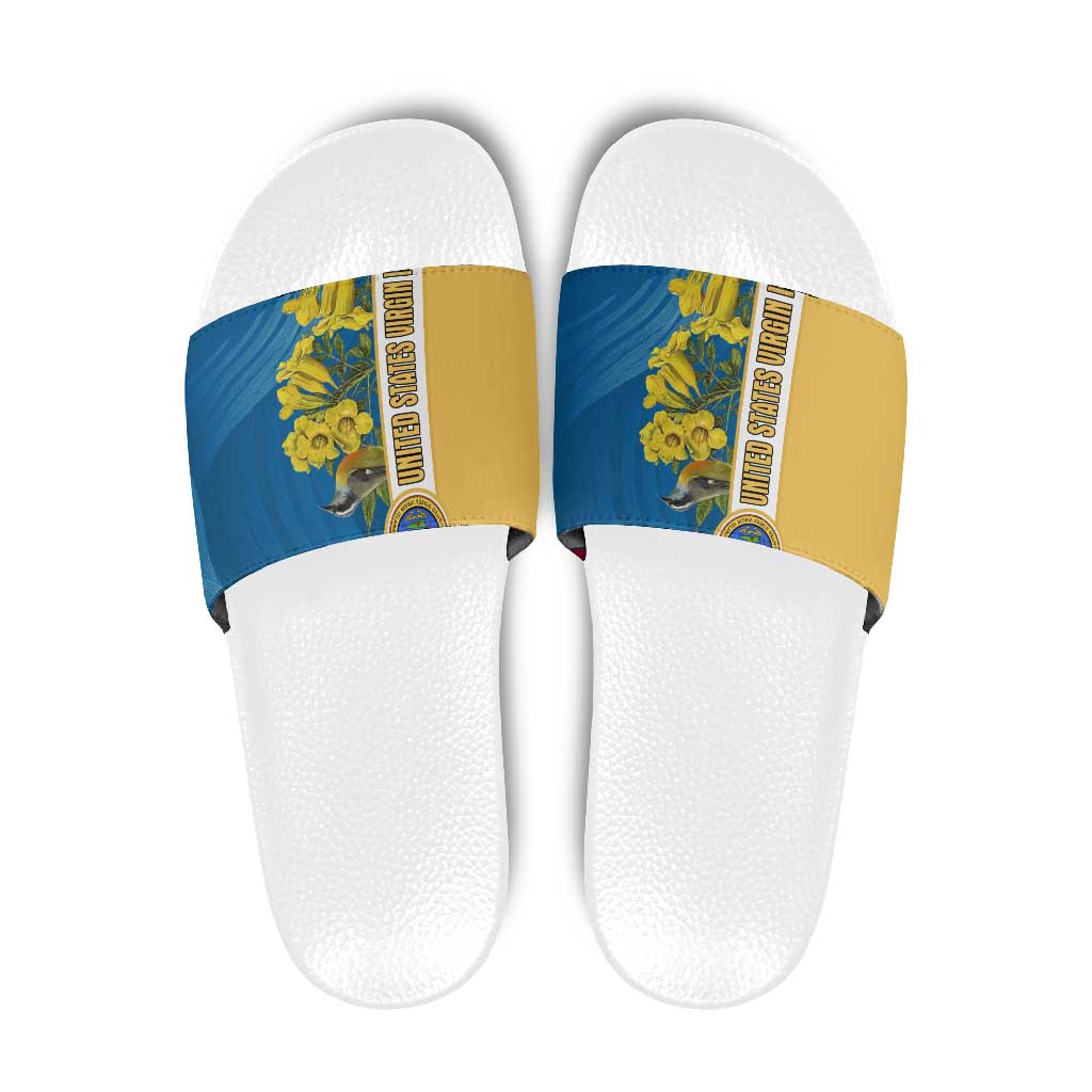 United States Virgin Islands Slide Sandals with Blue Yellow Floral Design and Government Seal Bird TS04