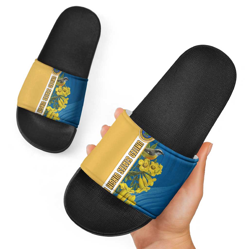 United States Virgin Islands Slide Sandals with Blue Yellow Floral Design and Government Seal Bird TS04