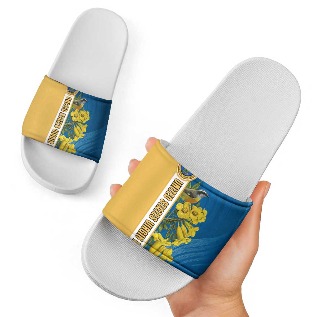 United States Virgin Islands Slide Sandals with Blue Yellow Floral Design and Government Seal Bird TS04