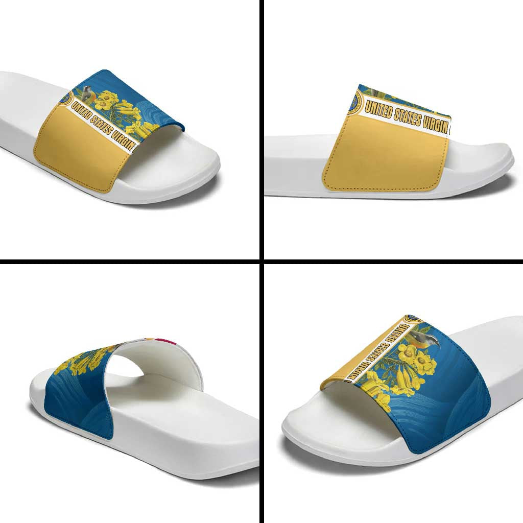 United States Virgin Islands Slide Sandals with Blue Yellow Floral Design and Government Seal Bird TS04