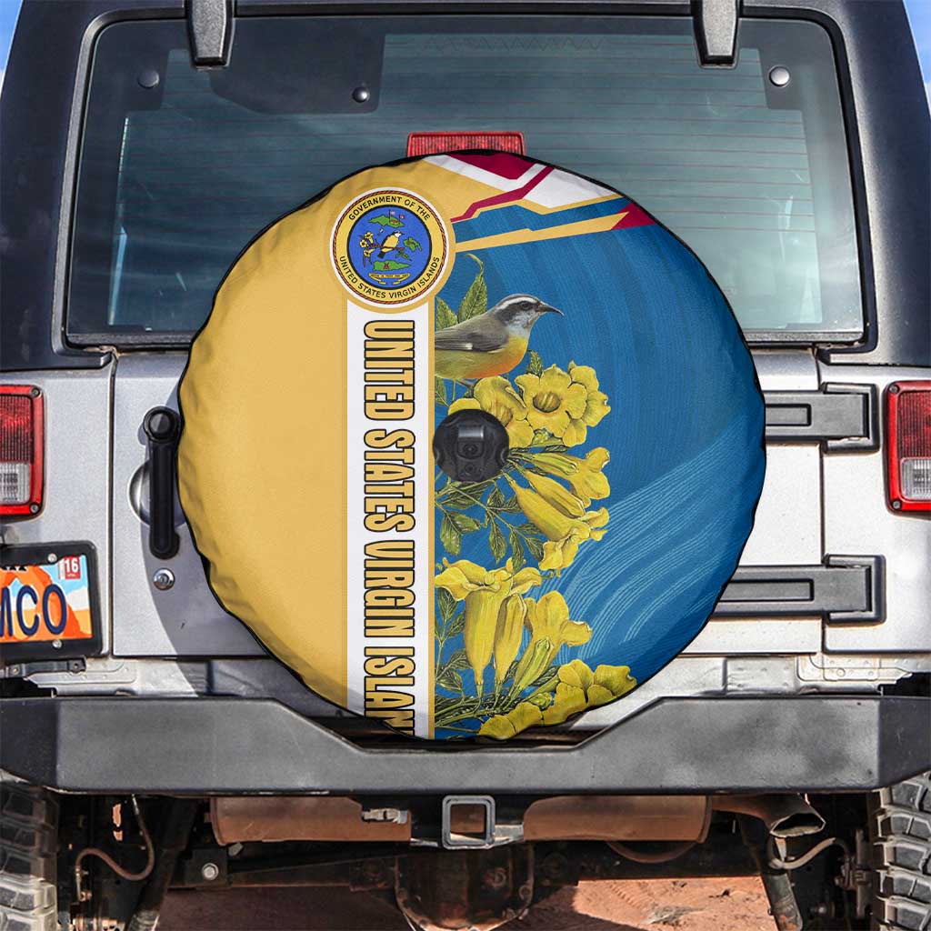 United States Virgin Islands Spare Tire Cover with Blue Yellow Floral Design and Government Seal Bird TS04