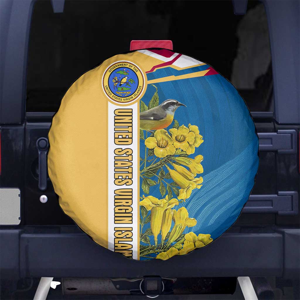 United States Virgin Islands Spare Tire Cover with Blue Yellow Floral Design and Government Seal Bird TS04