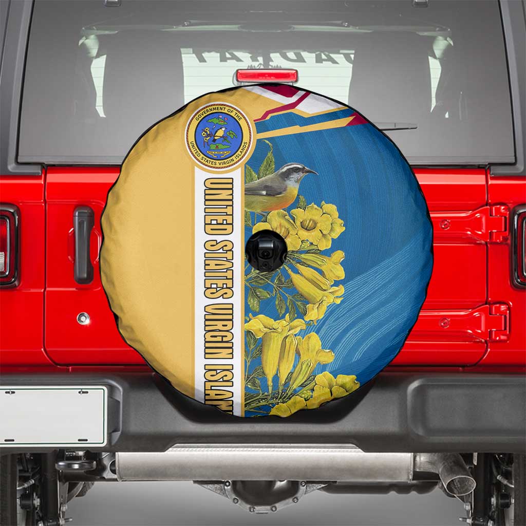 United States Virgin Islands Spare Tire Cover with Blue Yellow Floral Design and Government Seal Bird TS04