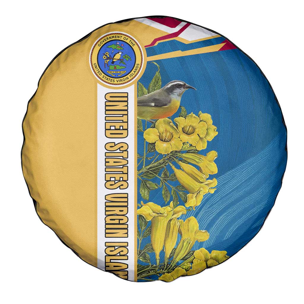 United States Virgin Islands Spare Tire Cover with Blue Yellow Floral Design and Government Seal Bird TS04