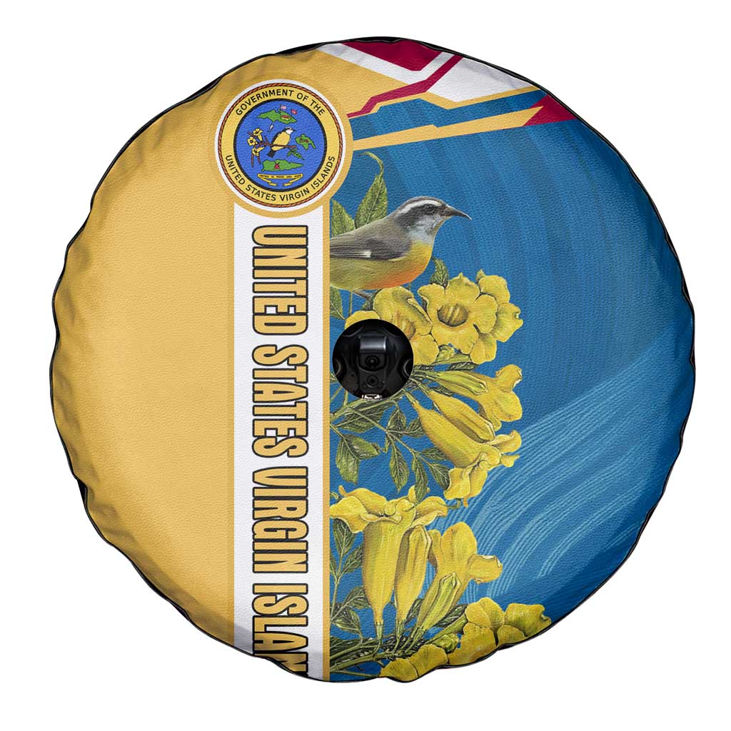 United States Virgin Islands Spare Tire Cover with Blue Yellow Floral Design and Government Seal Bird TS04