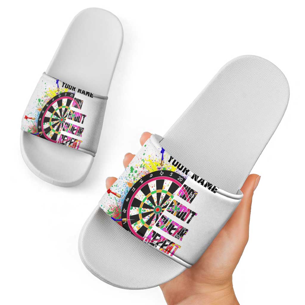 Colorful Dartboard and Splatter Paint Darts Slide Sandals Personalized Motivational Quote TS04