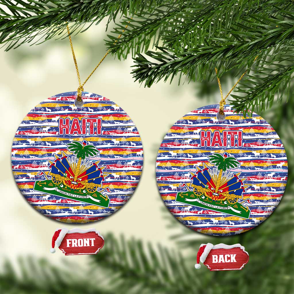 Haiti Christmas Ceramic Ornament with Blue Red Yellow Xmas Santa Sleigh and Coat of Arms TS04